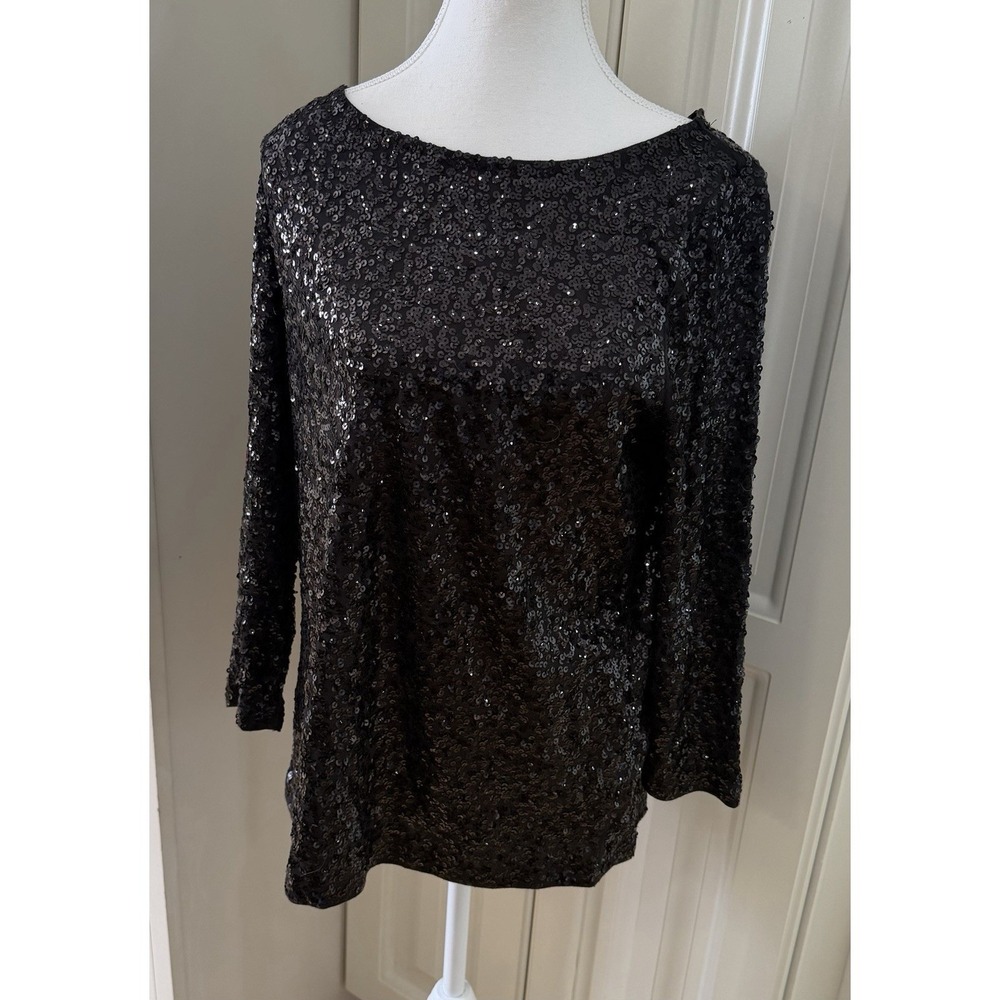 J.Crew Black Sequin Top Large‎ Party Blouse Sparkle Glam Holiday Cocktail